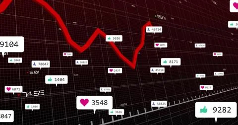 Displaying red line chart on grid screen, with floating thumbs-up heart user Stock Illustration