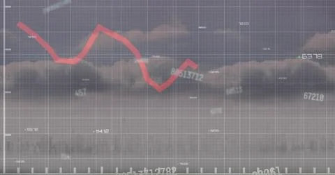 Displaying red line chart moving across dashboard grid with cloud band, faint Stock Photos