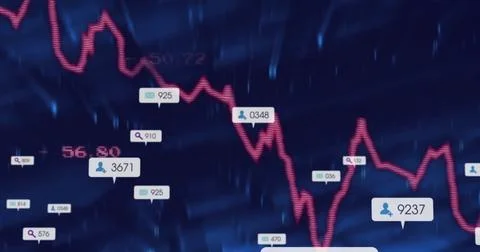 Displaying red line graph fluctuating on blue dashboard with data bubbles Stock Photos