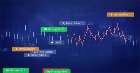 Displaying red line graph rising and falling on data dashboard with chat bubbles Stock Illustration