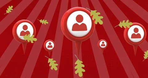 Displaying red map pin with white silhouette centered on red gradient, green oak Stock Photos