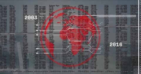 Displaying red map showing white connectors to code columns between 2005 and Stock Photos