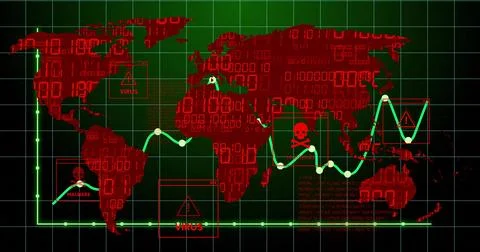 Displaying red map tracking green line chart on binary grid dashboard featuring Stock Illustration