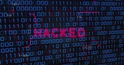 Displaying red neon HACKED text glowing in digital interface, with binary digits 스톡 일러스트