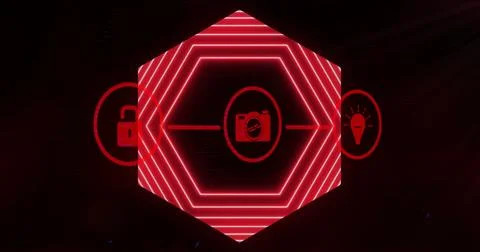 Displaying red neon hexagon with camera icon on virtual display, with padlock Stock Photos