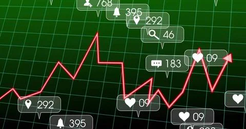 Displaying red neon jagged line chart moving across dark green grid, with clear Stockillustratie