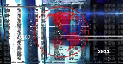 Displaying red North America map inside dashed ring in data center, showing n Stockillustratie