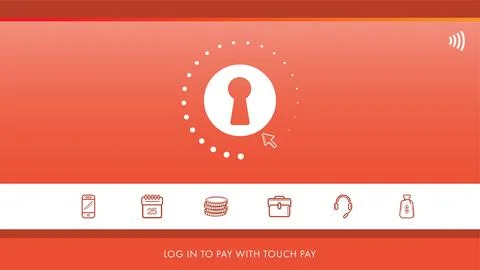 Displaying red-orange gradient payment UI with loading keyhole, contactless icon Illustrazione stock