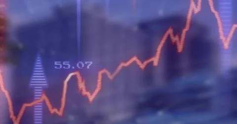 Displaying red-orange line tracing uptrend on screen with faint grid and blur, Stock Photos