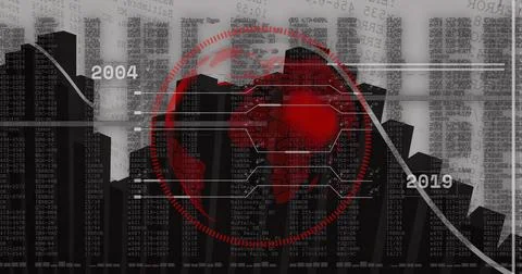 Displaying red overlay with hexagonal nodes, bars over world map, with timeline 库存照片