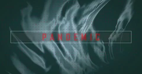 Displaying red PANDEMIC within thin white frame on teal green backdrop, with Stock Photos