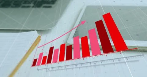 Displaying red-pink 3D bar chart rising on desk, showing laptop keyboard, Stock Photos