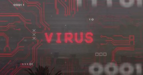 Displaying red pixelated VIRUS on security dashboard, showing circuit traces and Stock Photos