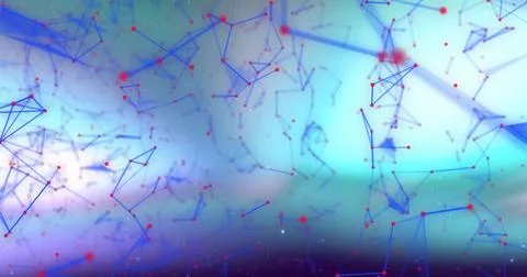 Displaying red points and blue nodes linked by thin lines in virtual environm Stock Photos