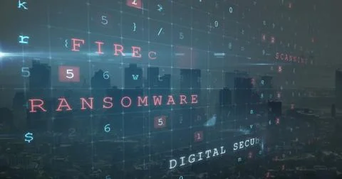Displaying red RANSOMWARE text overlay above urban skyline at dawn, with grid of 写真素材