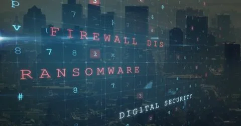 Displaying red RANSOMWARE text spanning urban skyline at dusk, with translucent Stockfoto's
