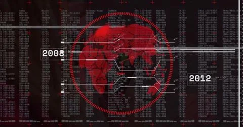 Displaying red round world map graphic linking US city labels on HUD interface, 스톡 일러스트