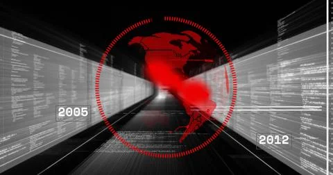 Displaying red scanning UI in data tunnel, showing pixelated Americas map and Illustrazione stock