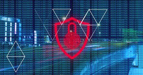 Displaying red shield icon with padlock and target rings on digital dashboard, Stock Photos