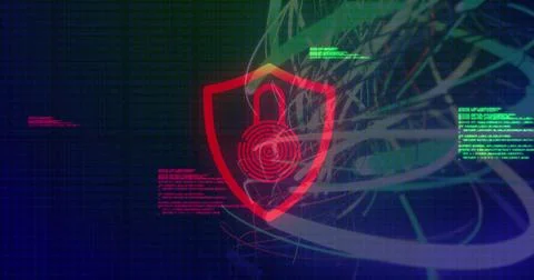Displaying red shield with padlock and target rings guarding data in virtual 库存插图