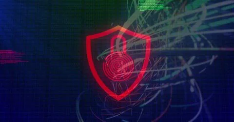 Displaying red shield with padlock and fingerprint rings in cyber grid, light 库存插图