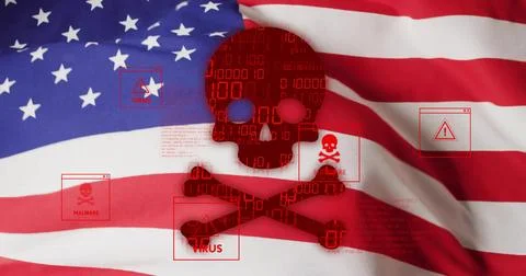 Displaying red skull-and-crossbones over United States flag, showing malware Stock-Illustration