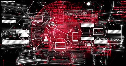 Displaying red skull code matrix dominating security dashboard, linking white Illustrazione stock
