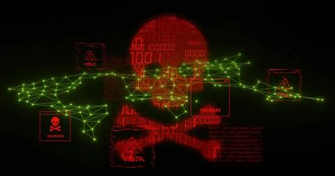 Displaying red skull made of numeric code over cyber map, with green network and イラスト素材