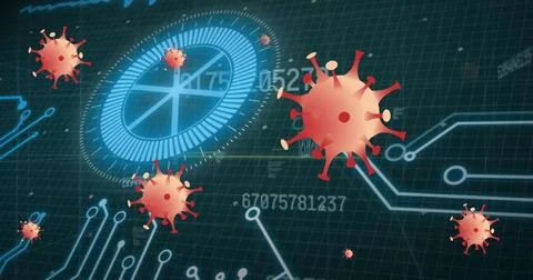 Displaying red spiky virus particle floating over digital grid, with circuit 스톡 일러스트