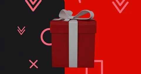 Displaying red square gift box sitting centered on split-color studio backdrop, Stock Illustration