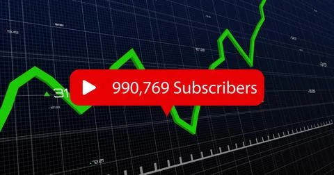 Displaying red subscriber bubble with play icon showing 990,769 on grid with Stock Photos