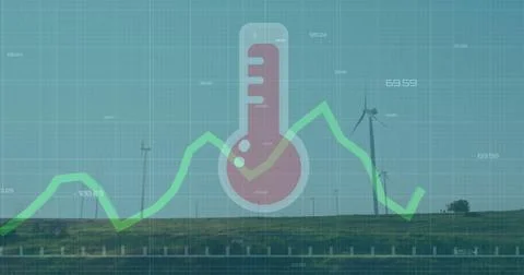 Displaying red thermometer icon over wind turbine hills, showing green chart, Stock Photos