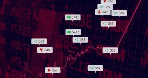 Displaying red-toned line graph on data dashboard with numeric grid, floating Stock Photos