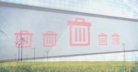 Displaying red trash-bin icons floating on translucent panel above yellow crop Stock Photos