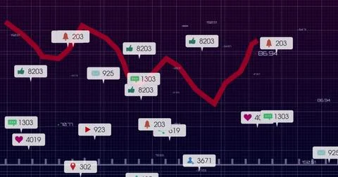 Displaying red trend line graph rising and falling across navy dashboard grid, Stock Photos