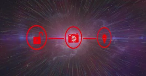 Displaying red unlocked padlock, camera with slash, light bulb icons floating Stock Photos