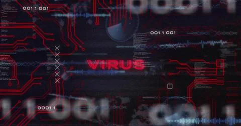 Displaying red VIRUS label glitching on cyber UI with circuit traces, code, Foto stock