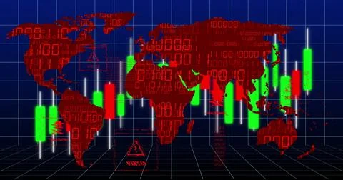 Displaying red world map with candlestick bars and binary digits on blue grid, Stock Illustration