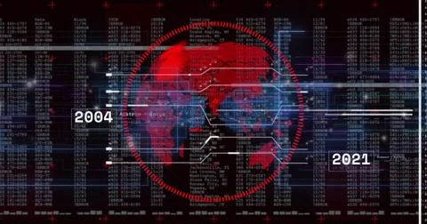 Displaying red world map encircled by HUD target on virtual dashboard, with Stock Illustration