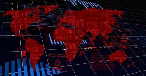 Displaying red world map floating on cybersecurity interface, with malware icons Illustrazione stock