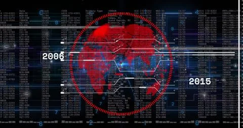 Displaying red world map graphic within circular grid overlay on control screen, 스톡 일러스트