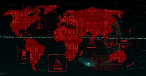 Displaying red world map highlighting malware and virus alerts on dark screen, Illustrazione stock