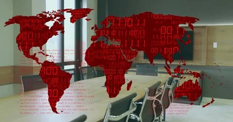 Displaying red world map overlay with binary code across conference table and Foto stock