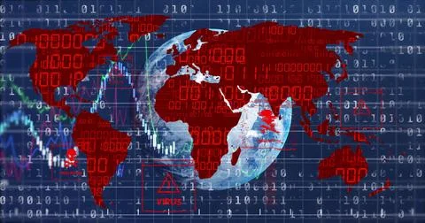 Displaying red world map overlaying globe in data panel, with financial charts Illustrazione stock