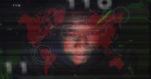 Displaying red world map overlaying interface with concentric hotspots, scan Stock Illustration