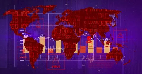 Displaying red world map on purple grid dashboard, with binary waveforms, virus Stock Illustration