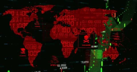 Displaying red world map at security screen, streaming binary code with green Stock Illustration