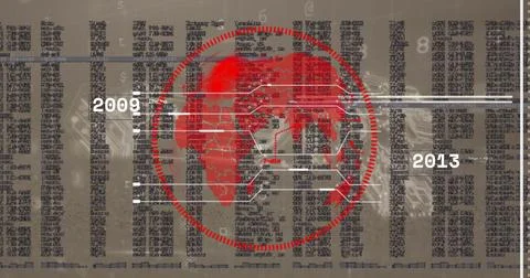 Displaying red world map in segmented red circle frame on infographic, with Foto stock