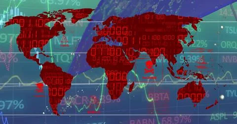 Displaying red world map silhouette in trading screen, with binary streams, Stock Illustration