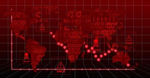 Displaying red world map tracing malware, virus markers on 3D grid network with Stock Illustration